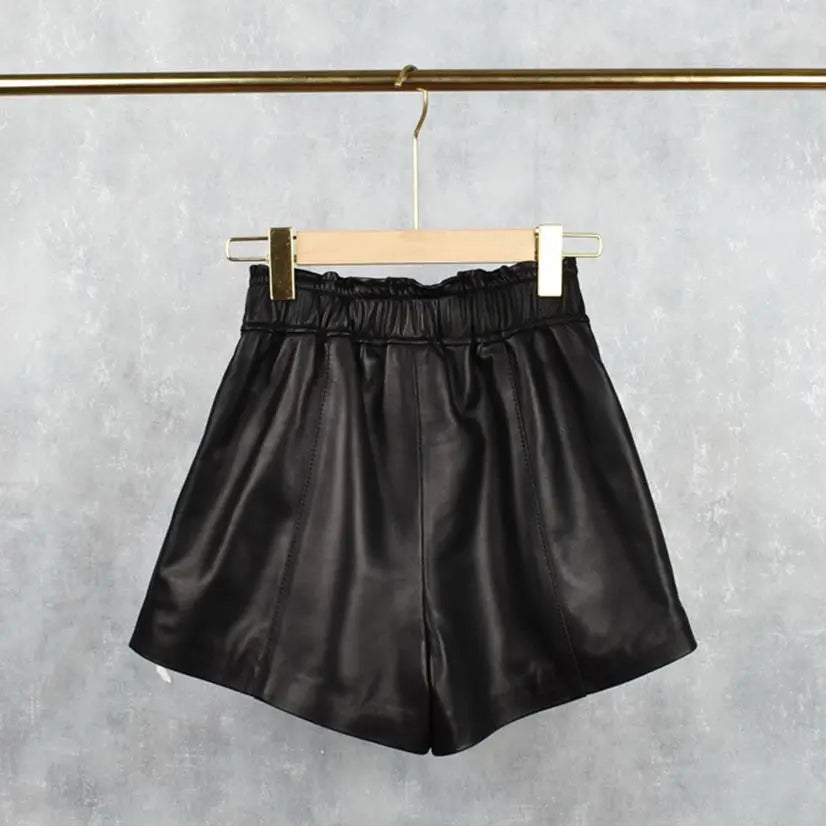 Women's Leather Shorts Sheep Skin Elastic Waist Wide Leg