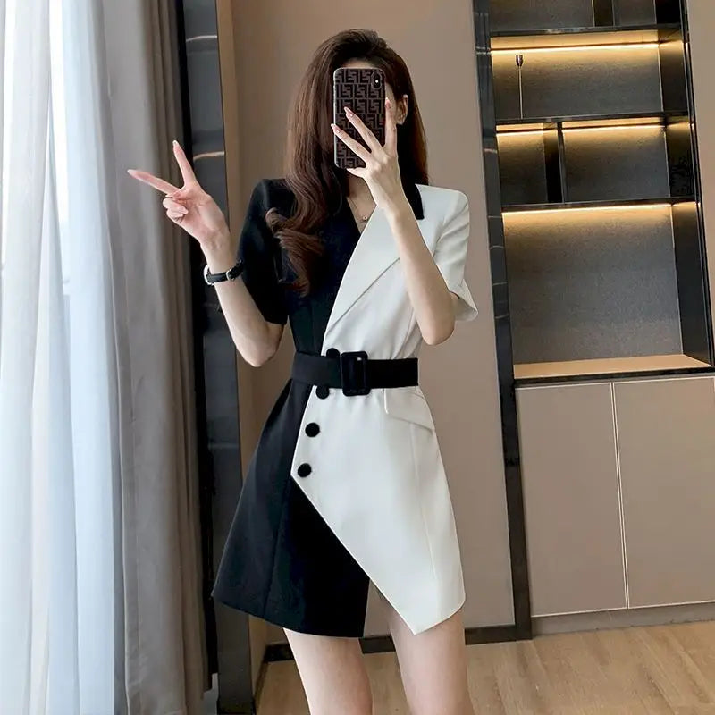 Summer Fashion Short Sleeve Blazer Dresses Women French Suit Mini Skirts Belt Dress