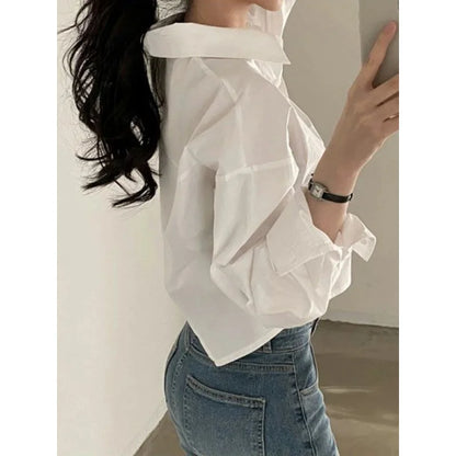 202 Spring Casual Long Sleeve Women White Shirt Korea Style Solid Button Split Woman Crop Tops Blouse Party Clothing ﻿