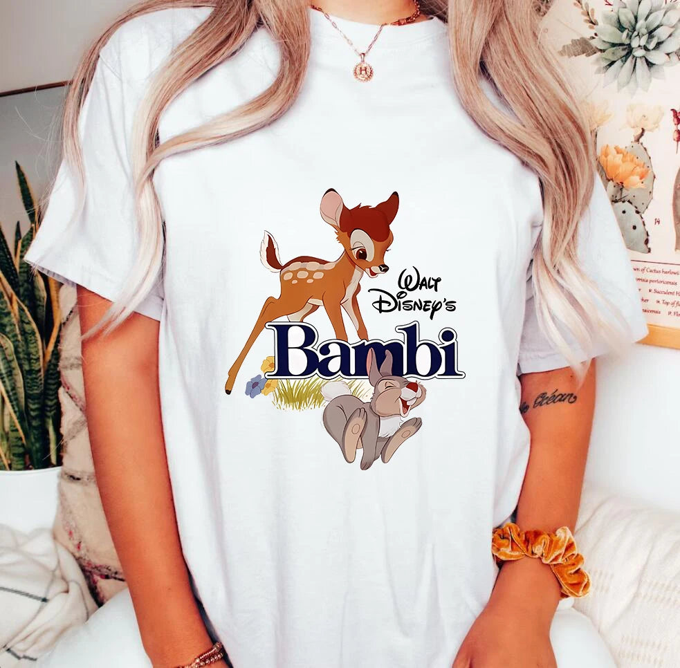 Disney 2024 Anime Cute Bambi Print Loose T Shirt Women Summer Shirt Cartoon Pullover Top Clothing