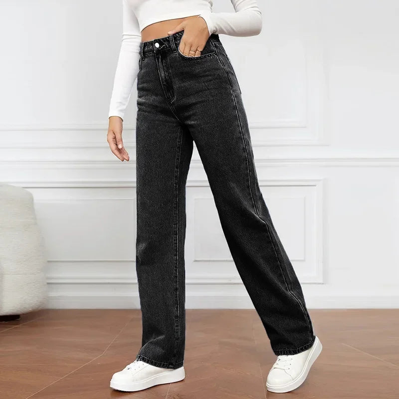 Jeans Women's Straight Pants Washing High Waist Loose Pockets