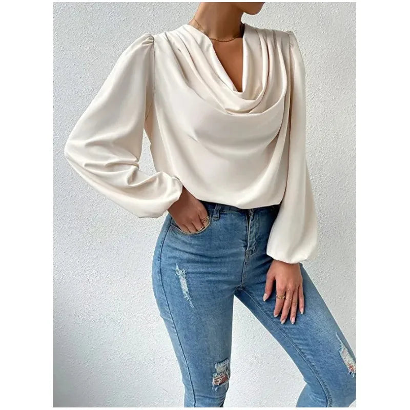 Elegant Women's Shirts Fashion Blouse 2023 Spring/Summer Chiffon  Loose Draped V-Neck Top Office Lady Solid Shirt S-XXXL