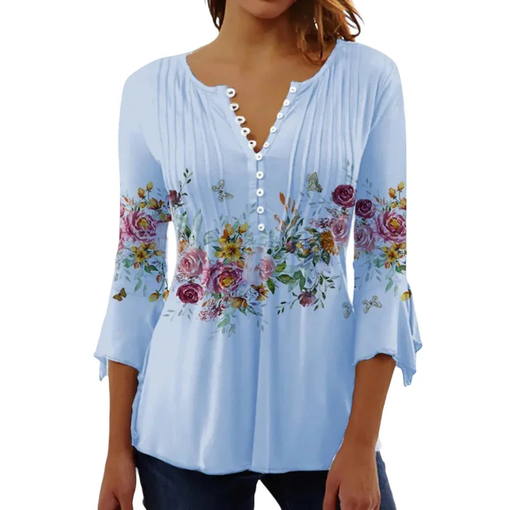 V-Neck Elegant Office Lady Blouses Tops Blusas 2024 Casual Trendy Summer Blouses Print Three Quarter Buttons Women Shirts