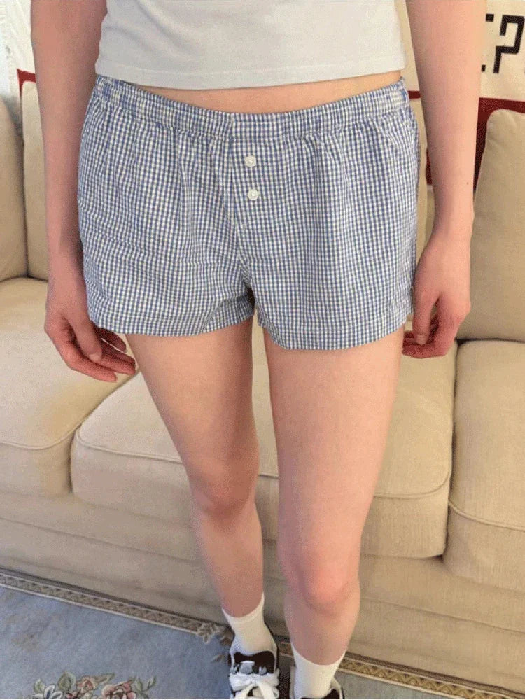 Women's Blue Plaid Cotton Straight Shorts Waist Buttons