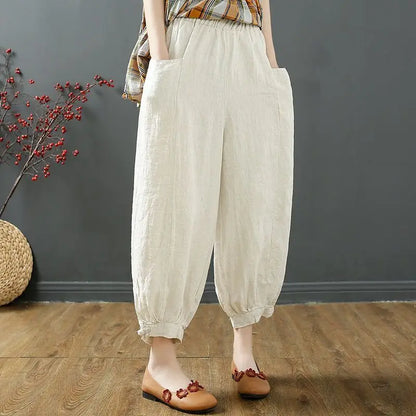 Women's Summer Loose Cotton Linen Pocket High Waist Harem Pants