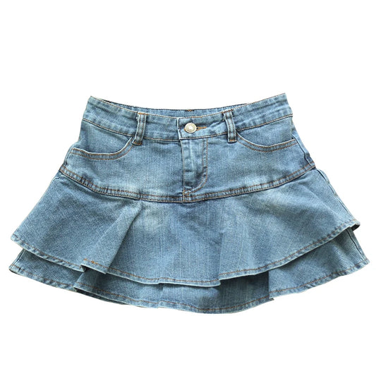 Ruffle Pleated Shorts Skirts Women's Summer Low Waist Denim