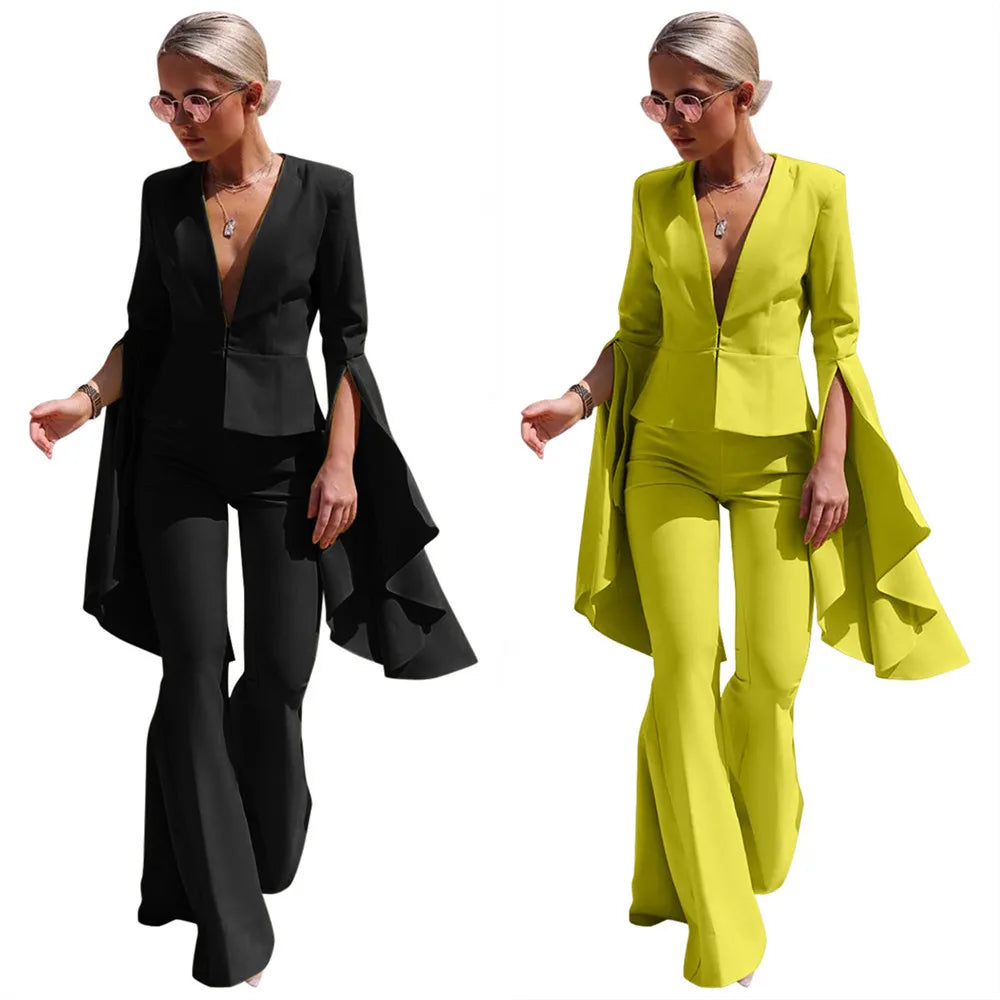 VANHAO Streetwear Chic Sleeve Blazer and Long Flare Pants Two Piece Set