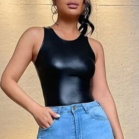 Sexy Black Slim Fit Patent Leather Short Vest Tops Women's Fashion Patent Leather Tank Tops Solid Colour Round Neck Camisole Top