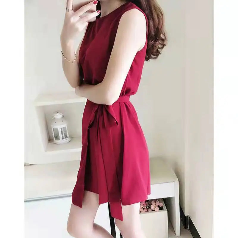 Sleeveless Lace Up Chiffon High Waisted Korean Version Dress Women 2024 Summer Short Dress