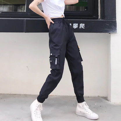 Black Cargo Pants Women's Wide Leg Hiphop Streetwear Loose