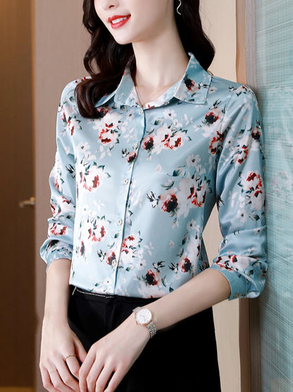 Silk Women's Shirt Long Sleeve Blouse Fashion 2024 Spring New Womens Tops Basic Floral Shirts for Women OL Satin Female Clothing