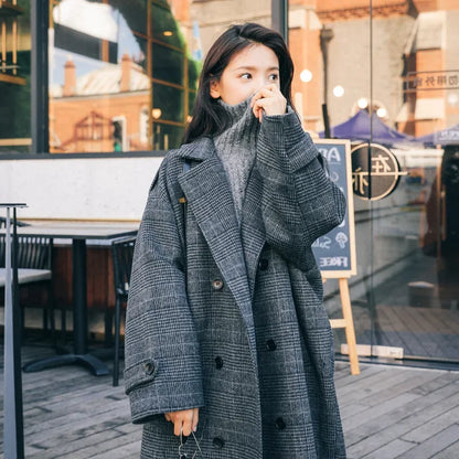 Women's Woolen Coat - Plaid Long Korean Style