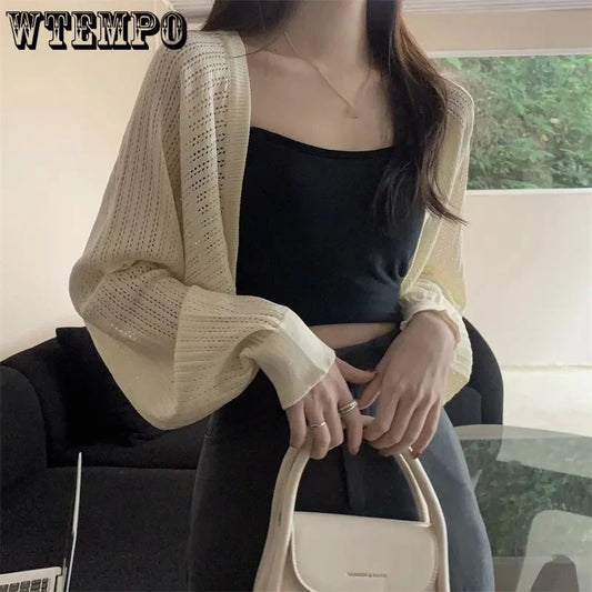 Hollow Long Sleeved Knit Cardigan Women's Apricot Short Top Loose Korean Fashion Gentle Simple Casual Commuting Spring Autumn