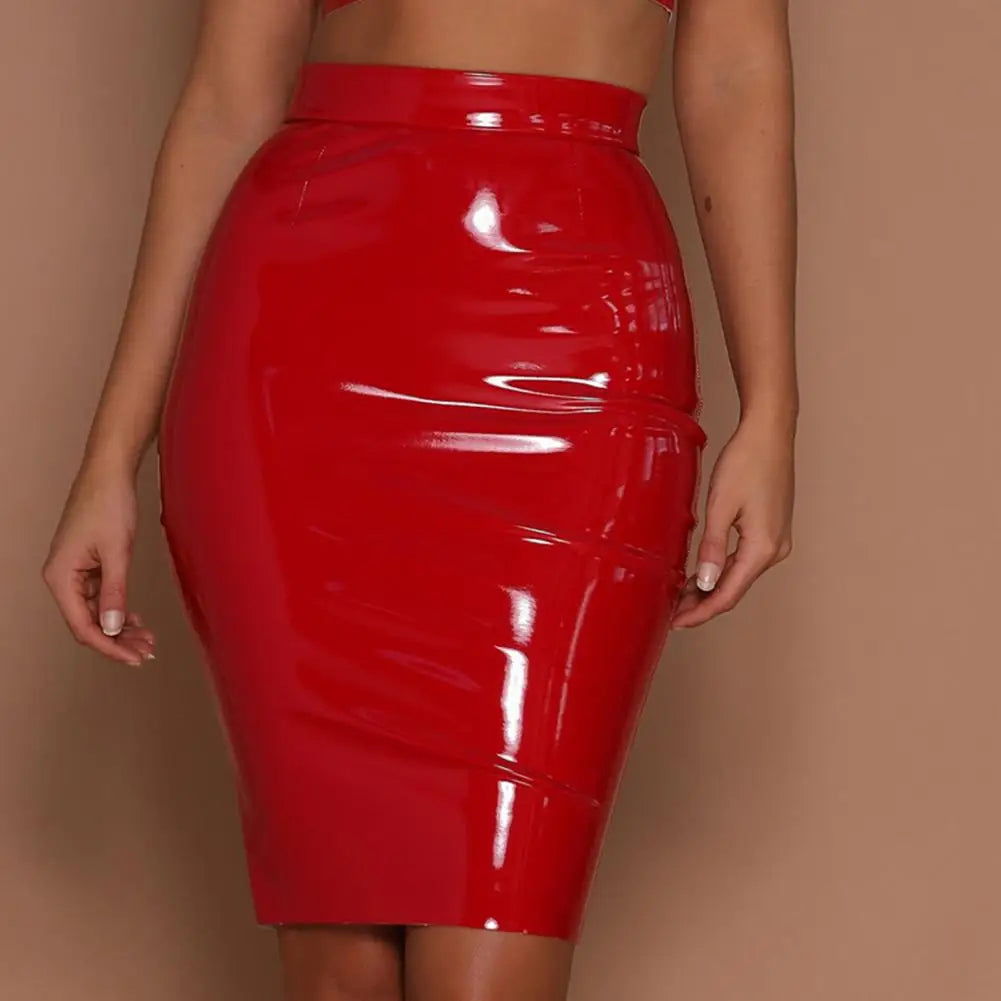 Solid Color Skirt Women's Faux Leather High Waist Club Skirt Sleek Sheath Glossy