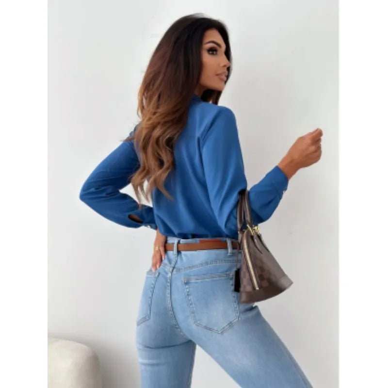 Elegant Lady Shirt Top Blouse2023 Autumn Simple Solid V-Neck Shirt Office Women's Wear