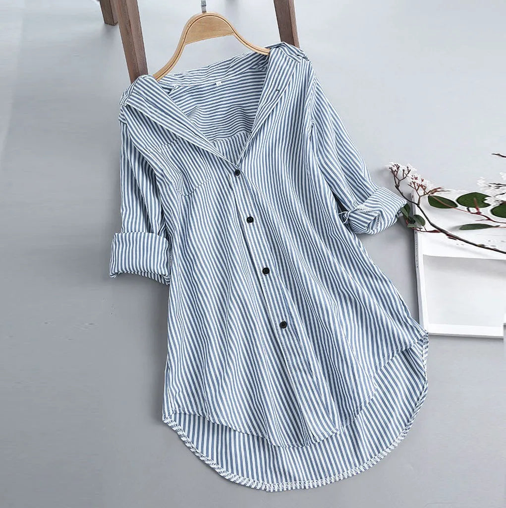 Plus Size Women Tunic Shirts Stripe Blouse Spring Autumn Ladies Large Size Button V Neck Long Sleeve Shirt Blouse Blusas 5xl