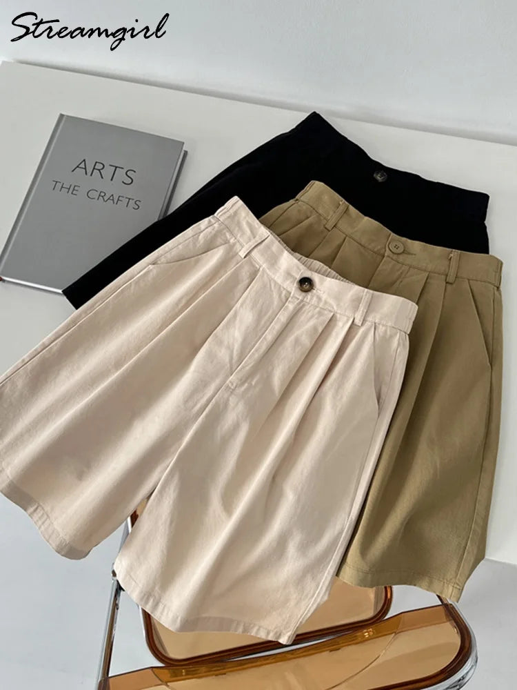 Wide Leg Shorts Women's Summer Cotton High Waist Office