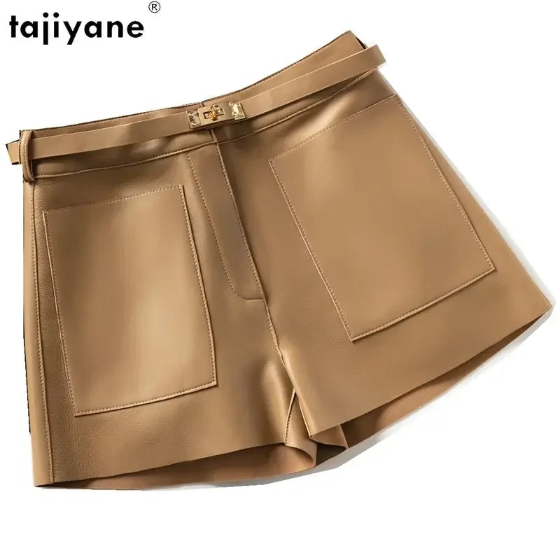 Tajiyane Leather Shorts Women's High Waist Sheepskin