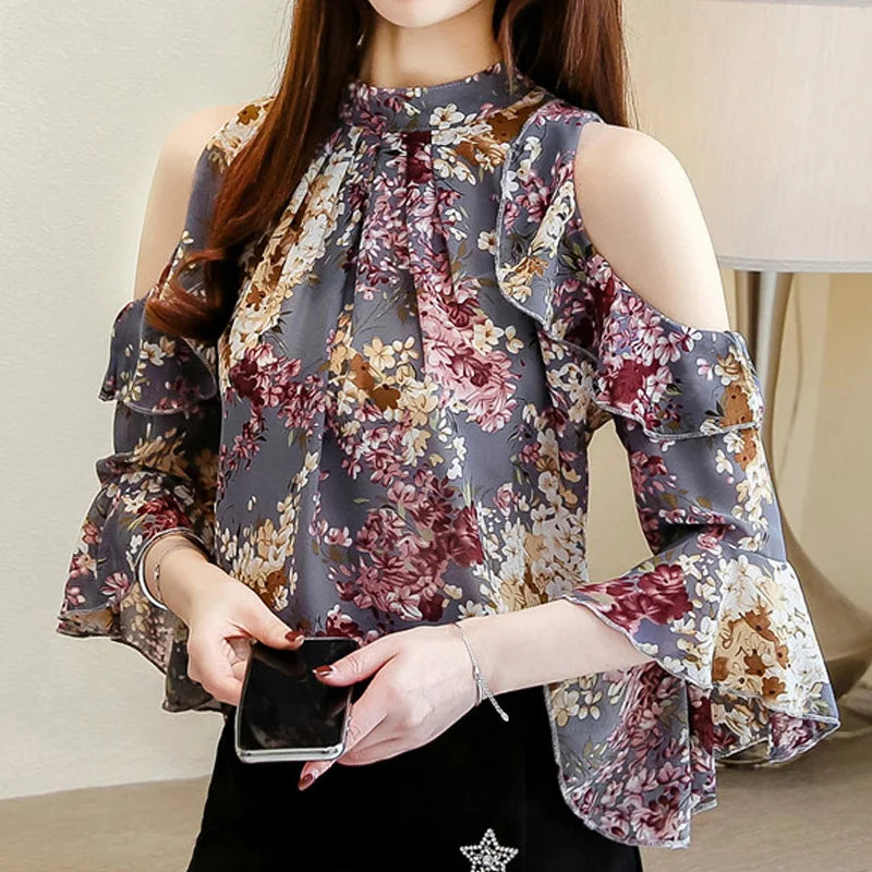 Elegant 2024 Womens Blouses Tops Short Sleeve Butterfly Sleeve Chiffon Women Clothing Female Shirts Long Sleeve Floral 5388