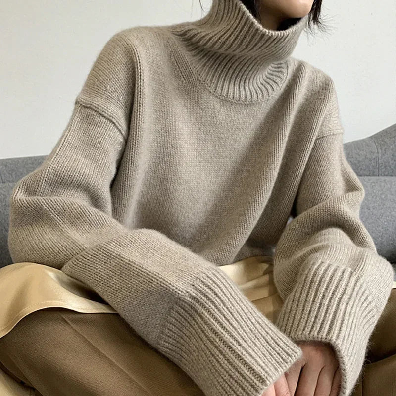 Women's Turtleneck Long Sleeve Sweater Oversize Pullovers Top Female Autumn Solid Gray Khaki Knitted Sweaters for Women Knitwear