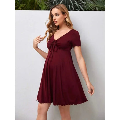 Solid Drawstring Dress - Summer Casual V-Neck Maternity