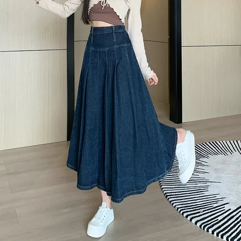 Pleated Jeans Skirts Spring Autumn High Waist Long Washing