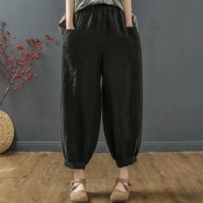 Women's Summer Loose Cotton Linen Pocket High Waist Harem Pants