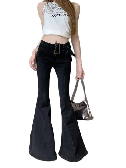 Flare Jeans Low Waist Bandage Bottoms Slim Women's Black