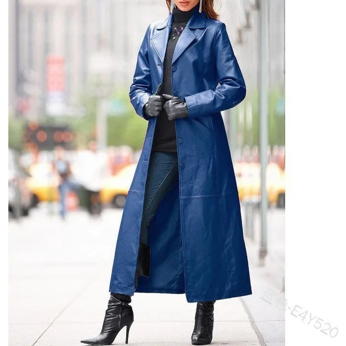 Women's Leather Coat - Button Long-Cut