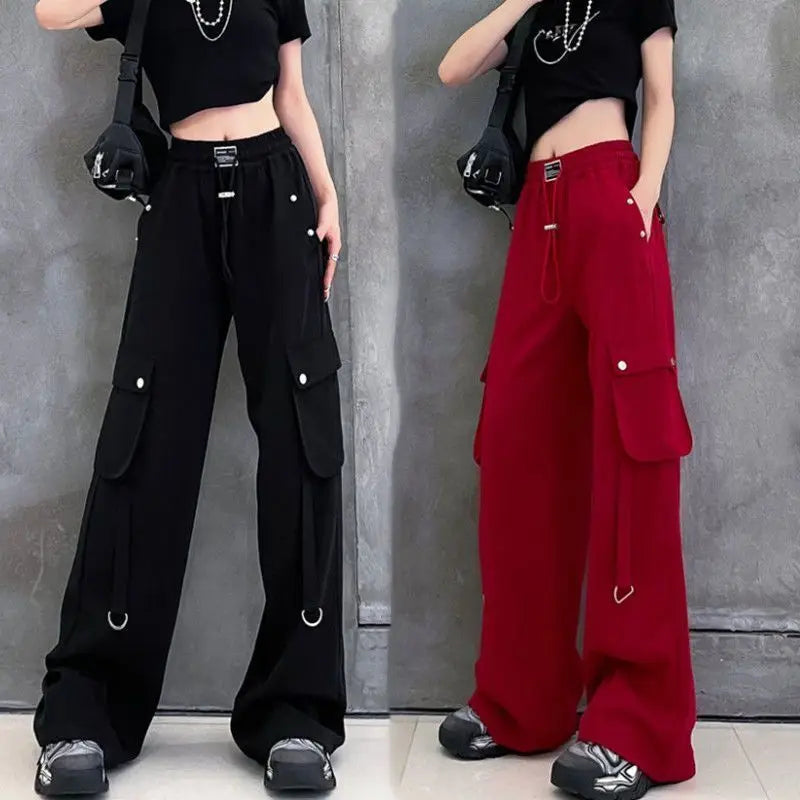 Hip Hop Fashion Women's Red Cargo Pants Streetwear Vintage