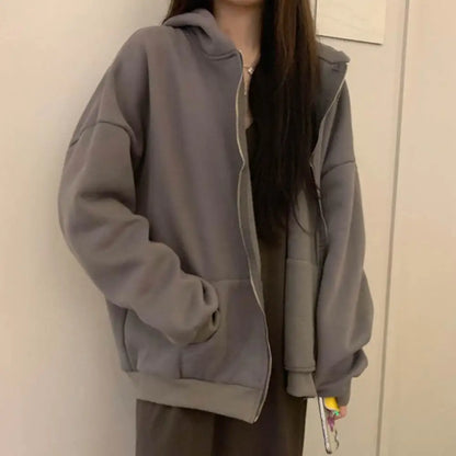 Women's Oversized Hoodie - Solid Color, Zip Up Pocket, Harajuku Style