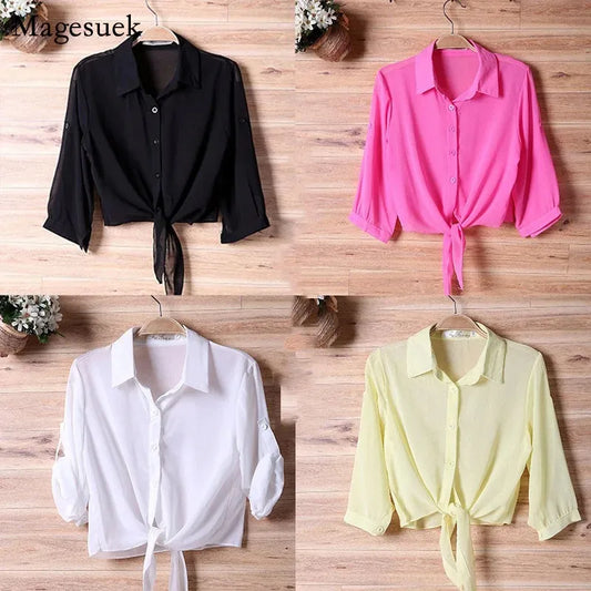 Thin Short Sleeve Chiffon Blouse for Women, Casual Button Up Shirts, Summer Sun Protection Clothes, White Tops, New, 13556