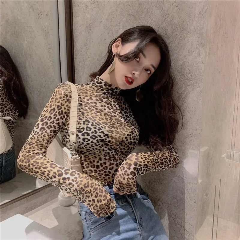 Women Retro Half High Collar Leopard T-shirt Female Autumn Sexy Slim Long-sleeved Mesh T-shirt Perspective Bottoming Tight Top