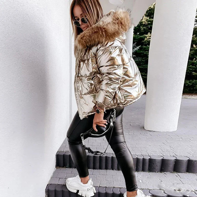 Women's Shiny PU Jacket - Big Fur Collar, Hooded Down Cotton Coat