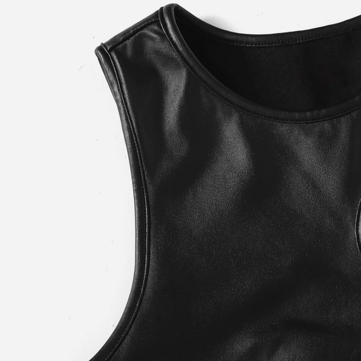 Sexy Strappy Leather Tank Top for Women Summer Solid O-neck Sleeveless Crop Tops Street Vintage Fashion Shirt Vest Y2K Clothes