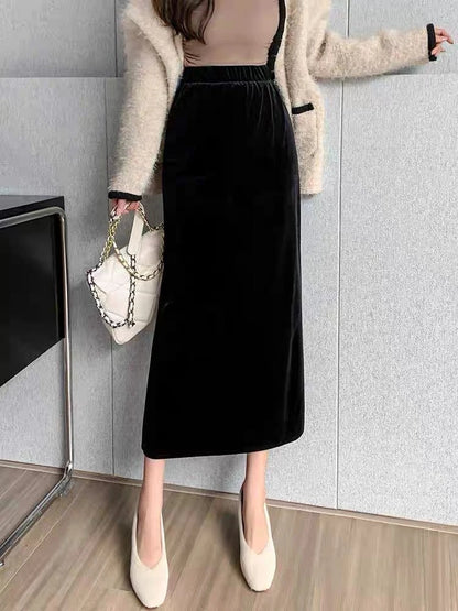 Velvet Black Long Skirts Women's Autumn Winter High Waist