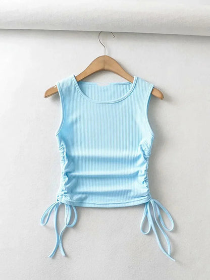 2024 Summer NEW Arrival Women Solid Color Sexy Causal Crop Top With String Both Side Club For Fashion Ladies