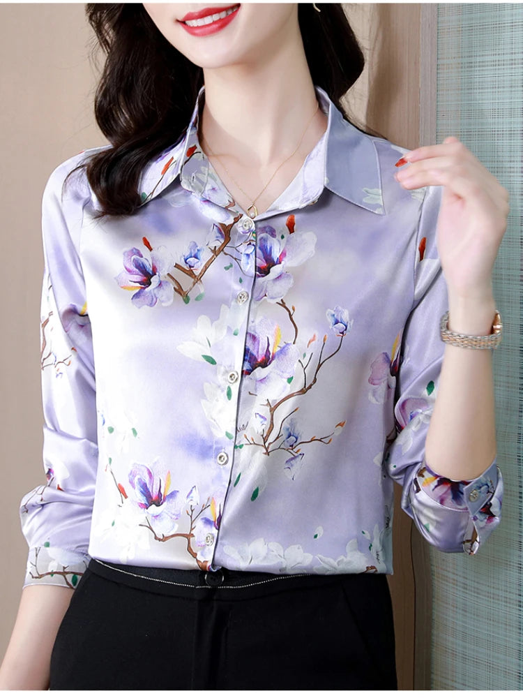 Silk Women's Shirt Long Sleeve Blouse Fashion 2024 Spring New Womens Tops Basic Floral Shirts for Women OL Satin Female Clothing