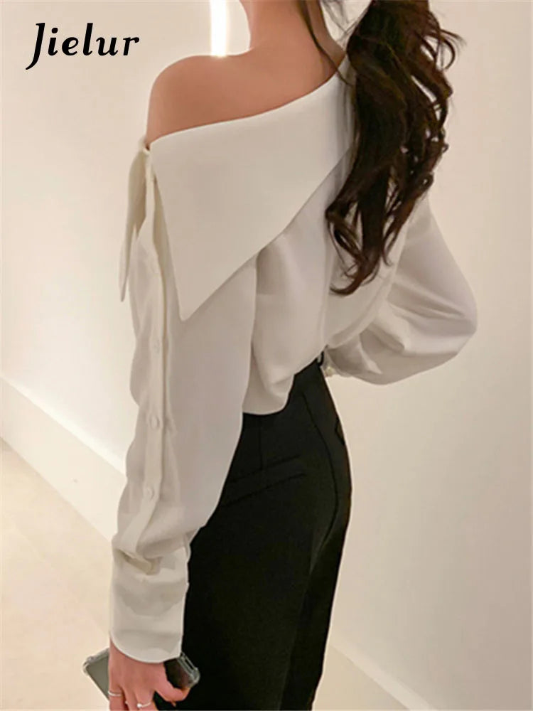 Jielur Office Lady Korean Style Black Blouses One Shoulder Sexy Shirts Women Spring Summer Cold Blouse Female Elegant White Tops