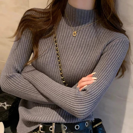 Women Long Sleeved Turtleneck Sweater Harajuku Pullover Women Knit Sweater Slim Elastic Korean Simple Basic Jumper Solid Tops