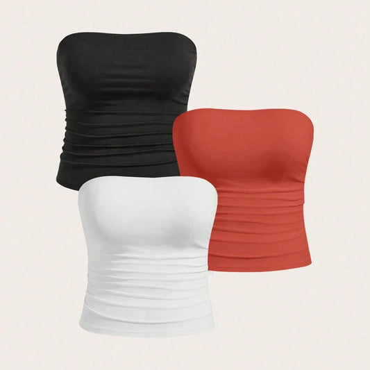 Red nylon bandeau top with gathered detailing and seamless construction.