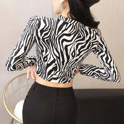 Women's Color Block Zebra Print Striped Long Sleeve Crop Tee Top T Shirt