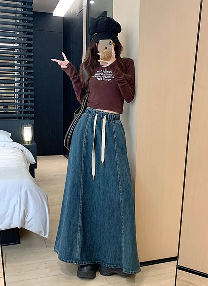 2 Colors Long Denim Skirt Korean Style High Elastic