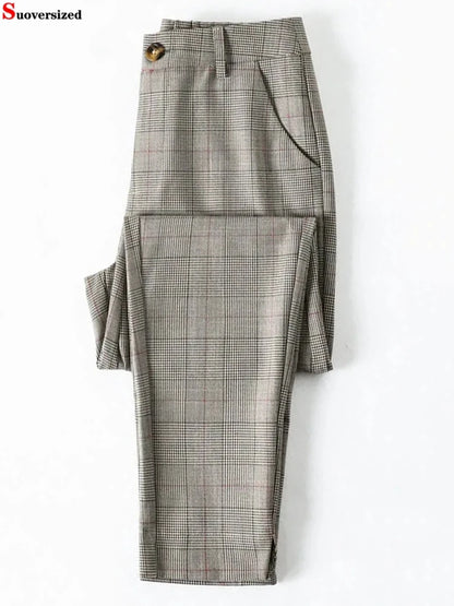 Korean High Waist Ankle Length Straight Pants Plaid Split