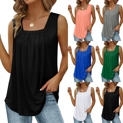 Summer Tank Tops for Women Loose Fit Pleated Square Neck Sleeveless Tops Curved Hem Flowy