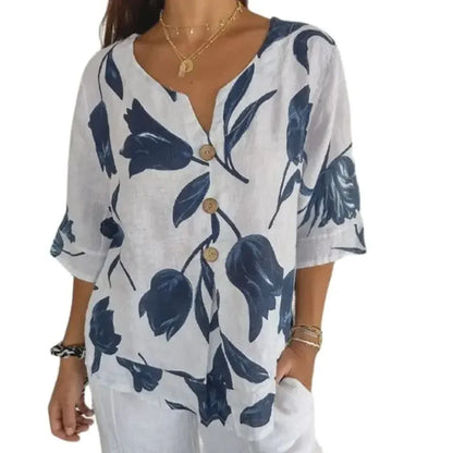 Women Elegant Flower Print Shirt Summer Three Button Decoration Small V Neck Blouse Female Cotton Linen Comfortable Casual Tops