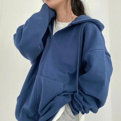 Women's Oversized Hoodie - Solid Color, Zip Up Pocket, Harajuku Style