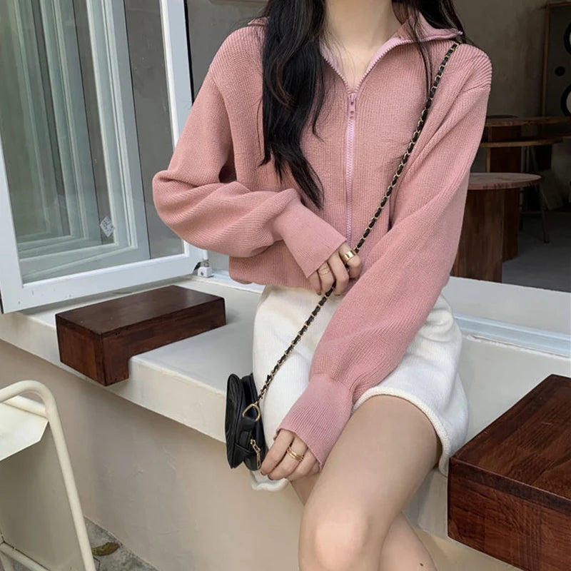 Korean Fashion Zipper Up Knitting Cardigan Women Autumn Long Sleeve Turtleneck Sweater Woman Solid Color Cropped Cardigans Mujer