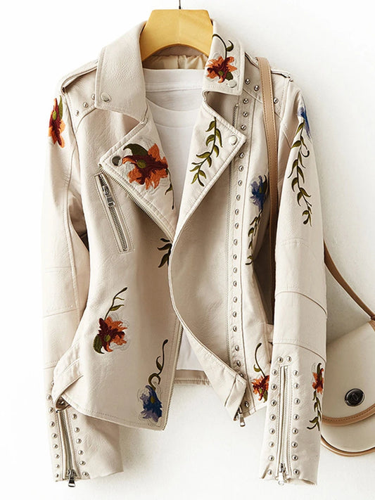 Retro Floral Print Leather Jacket - Faux Soft Turndown Collar Moto Biker