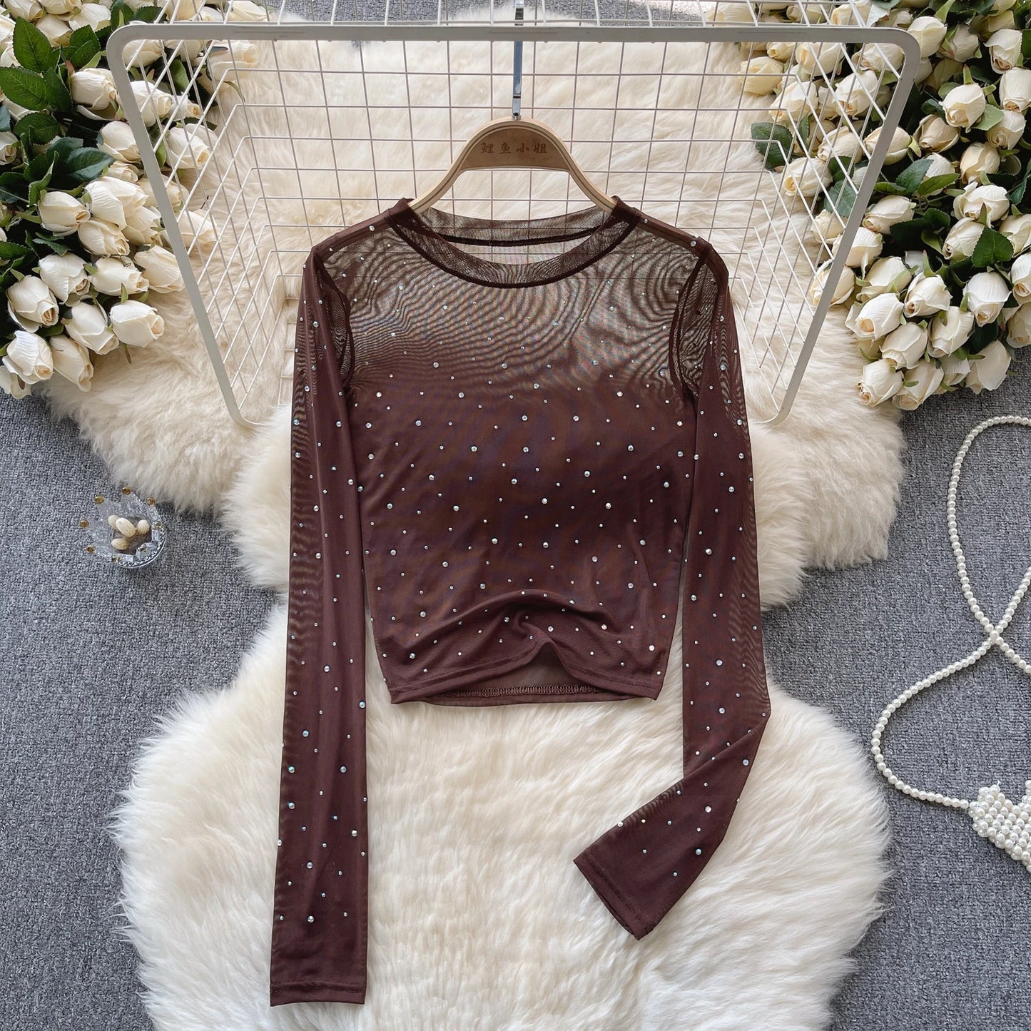 Women Chic Rhine Stone Mesh Sheer Long Sleeve Crop Top Slim Sexy Korean T-shirt Fashion Autumn Women Shirt